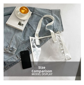 Top-down view of a clear PVC tote bag with white handles and personal items on grey fabric