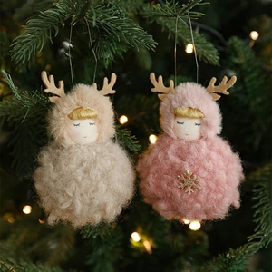 Plush Christmas reindeer angel doll ornaments in pink and beige for tree decoration