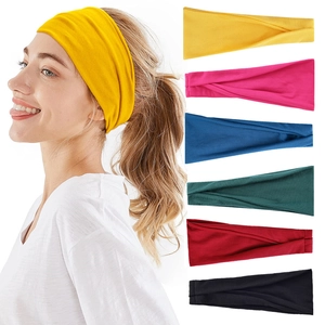 Detail showing six colors of wide elastic headbands and a model wearing a yellow one