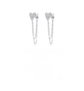 Close-up of S925 sterling silver heart studs with shimmering double layer chain tassels