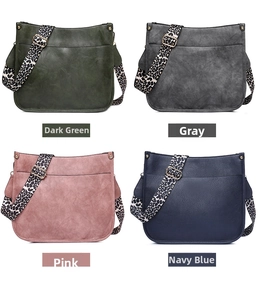 Four colors of vegan leather tote bags with adjustable leopard print shoulder straps