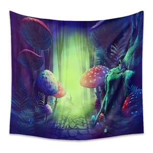 Close-up detail of mushroom tapestry with glowing fantasy forest and vibrant blue tones