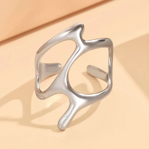 Irregular liquid silver stainless steel open ring with minimalist wavy melt design