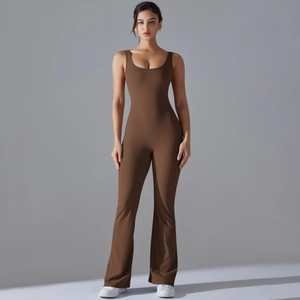 Deep brown backless yoga jumpsuit with slimming flared leg cut for fitness and sports