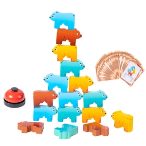 Colorful wooden bear stacking balance blocks set with game cards and a red bell