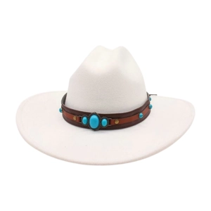 Detail of white cowboy hat with leather band and turquoise stone embellishments