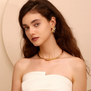 18K gold-plated stainless steel sunburst earrings with purple stones and choker necklace