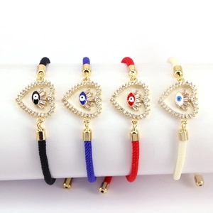 Evil Eye Heart Bracelet Braided Rope 18K Gold Plated Brass Cubic Zirconia Adjustable Bohemian Jewelry Women