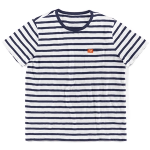 Flat lay of blue and white striped cotton T-shirt featuring a front pocket and crew neck