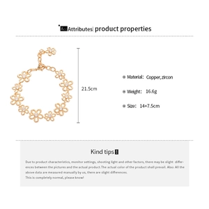Detailed size chart and specifications for the gold zircon hollow flower bracelet