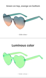 Side view of heart-shaped rimless sunglasses in gradient and luminous green colors
