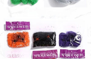 Close-up of colorful Halloween spider web cotton in retail bags with small plastic spiders