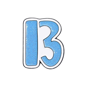 Close-up of letter B enamel pin with blue glitter finish and black metal outlines
