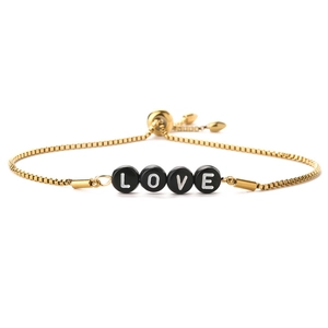 Minimalist 14K gold plated stainless steel box chain bracelet with black LOVE beads