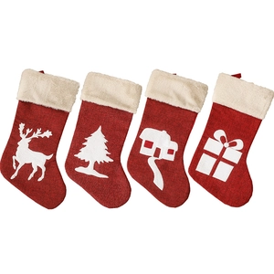 Set of 4 red Christmas stockings with white reindeer and tree patterns for tree decor