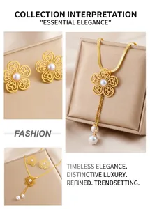 Detailed view of golden flower jewelry set featuring hollow petals and pearl tassel chains