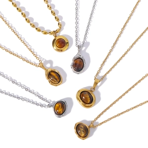 Retro stainless steel necklaces with tiger eye stones in gold and silver finishes