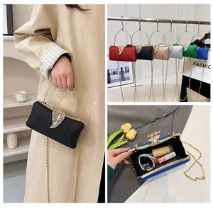 Detailed views of evening clutch with gold leaf clasp showing colors and interior capacity