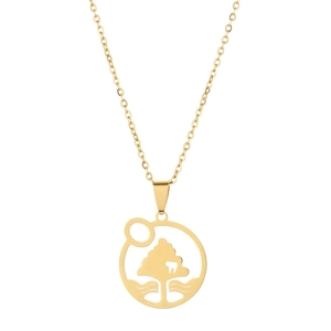 Golden stainless steel necklace featuring a circular cutout tree and mountain pendant