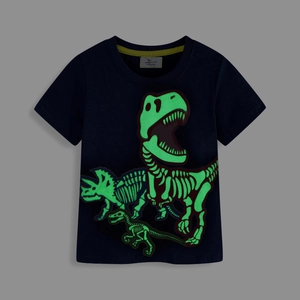 Boys Glow In The Dark Dinosaur Skeleton T-Shirt Navy Blue Cotton Short Sleeve Round Neck Casual Summer