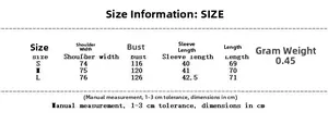 Detailed size chart for Y2K style ethnic print winter jacket with measurements in cm