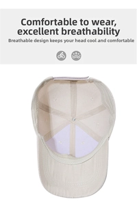 Detail view of cotton baseball cap interior showing six-panel stitching and metal rivet