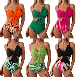Women's two-piece bikini set with large bow top and high-waisted bottoms in multiple colors