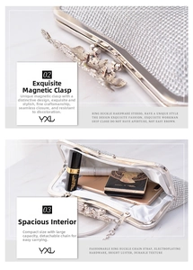 Detail of silver rhinestone clutch bag with butterfly magnetic clasp and chain strap