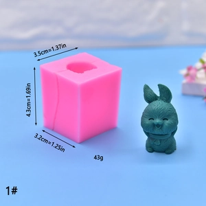 Detail view of 3D rabbit silicone mold with dimensions and finished candle model