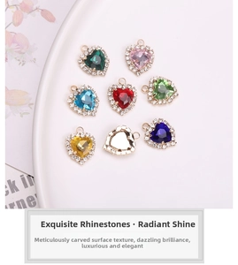 Macro detail of heart-shaped multi-color rhinestone pendants for jewelry making
