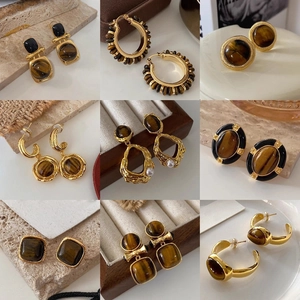Orecchini A Lobo Geometrici Vintage Occhio Di Tigre Con Perno In Argento Lega Dorata Perla Artificial Per Donna