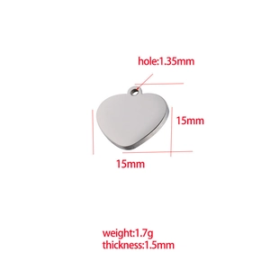 Detailed dimensions of a 15x15mm mirror polished stainless steel heart pendant charm
