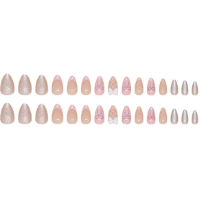 Sweet pink almond press-on nails with 3D bows and French tips, 28 pieces set