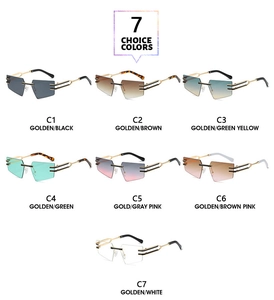 Detailed overview of rimless geometric sunglasses in seven assorted lens color variants