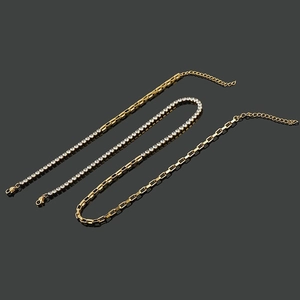 Golden 18K stainless steel jewelry set with paperclip chains and crystal tennis necklace