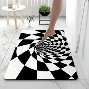 Absorbent 3D vortex illusion bath mat with black and white checkered spiral pattern