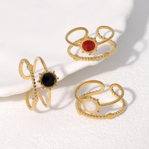 Stainless Steel Open Ring Adjustable Hollow Double Layer Beaded Enamel Round Finger Jewelry Fashion Women Elegant