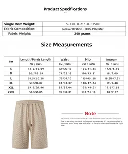 Detailed size chart for men's casual jacquard shorts showing S-3XL dimensions in CM and INCH