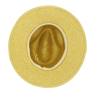 Dettaglio del cappello di paglia giallo che mostra la fascia interna e la trama fine
