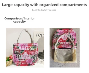 Detail of pink canvas tote with rope handles showing interior mesh pocket and zip compartment