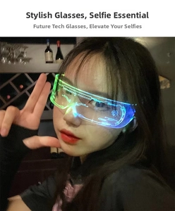 Detail view of cyberpunk LED glasses featuring neon circuit patterns worn in a club setting