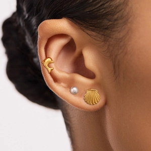 Ensemble de boucles d'oreilles dauphin et coquillage dorés avec perle, style marin