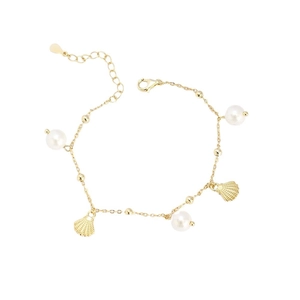 Elegantes S925 Silberperlen und Muschel Charm Armband mit Goldkette für Damen