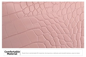 Close-up of pink crocodile texture on high-quality PU leather shoulder bag detail