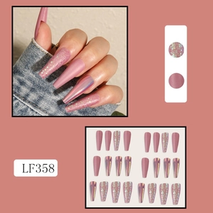 Detail view of LF358 long coffin press-on nails in matte pink and aurora mirror finish