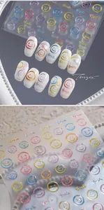 Detail of colorful smiley face nail stickers M-704 with metallic glitter finish texture