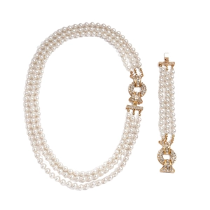 Three-layer faux pearl necklace and bracelet set with gold rhinestone geometric clasps