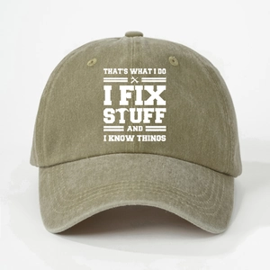 Washed cotton baseball cap in khaki with white I FIX STUFF printed lettering