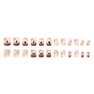 Chinese palace style cat and moon square press-on nails with red heart and floral accents