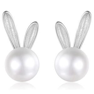 Cute bunny ear S925 silver stud earrings with white pearls for elegant daily style